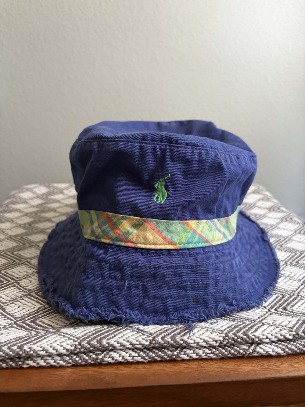 VTG Y2K Polo Ralph Lauren 90s Bucket Hat Color Ribbon Blue Distressed Edge L/XL